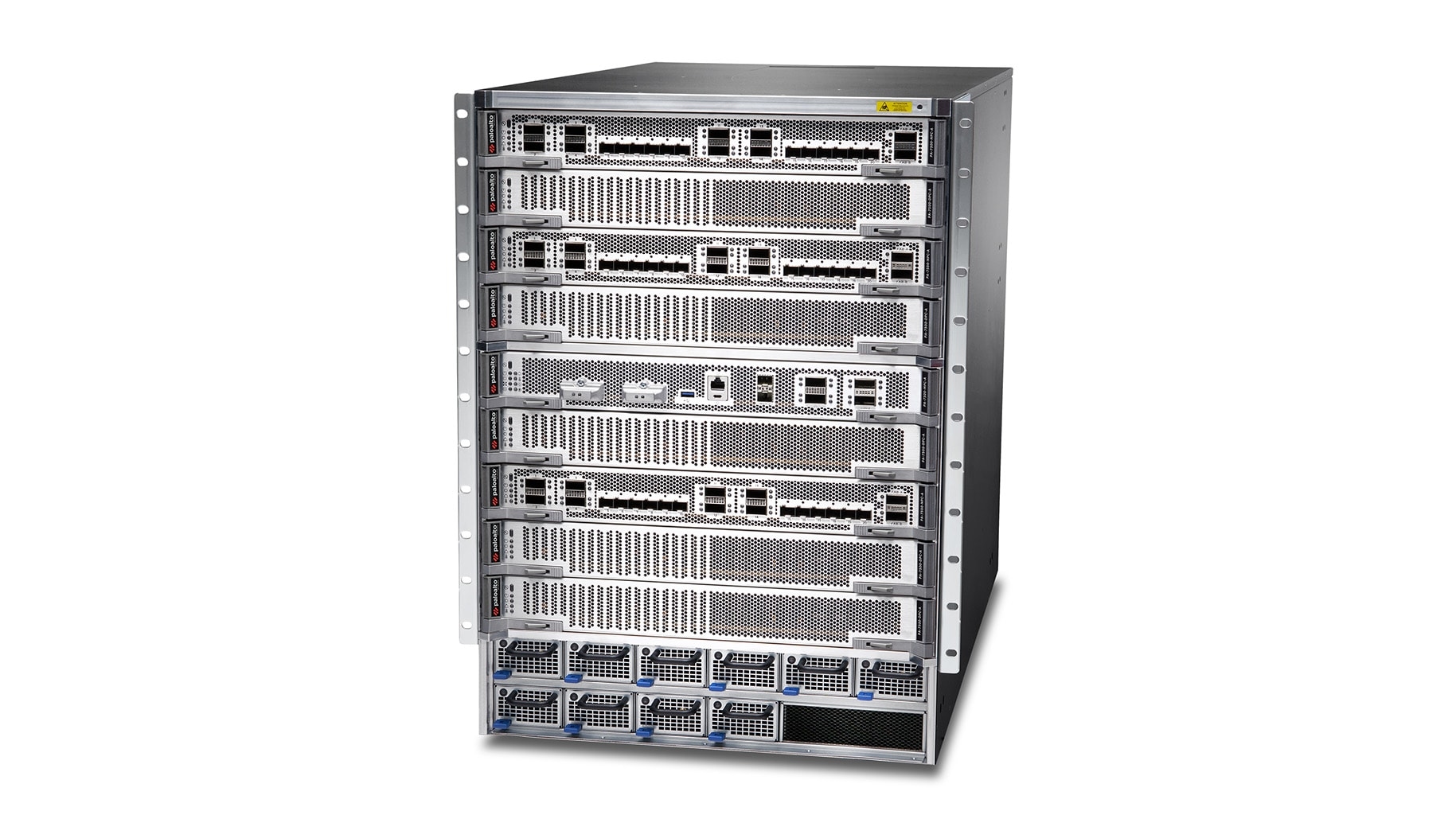 Firewall modular Palo Alto Networks PA-7500 com placas instaladas, vista frontal e superior