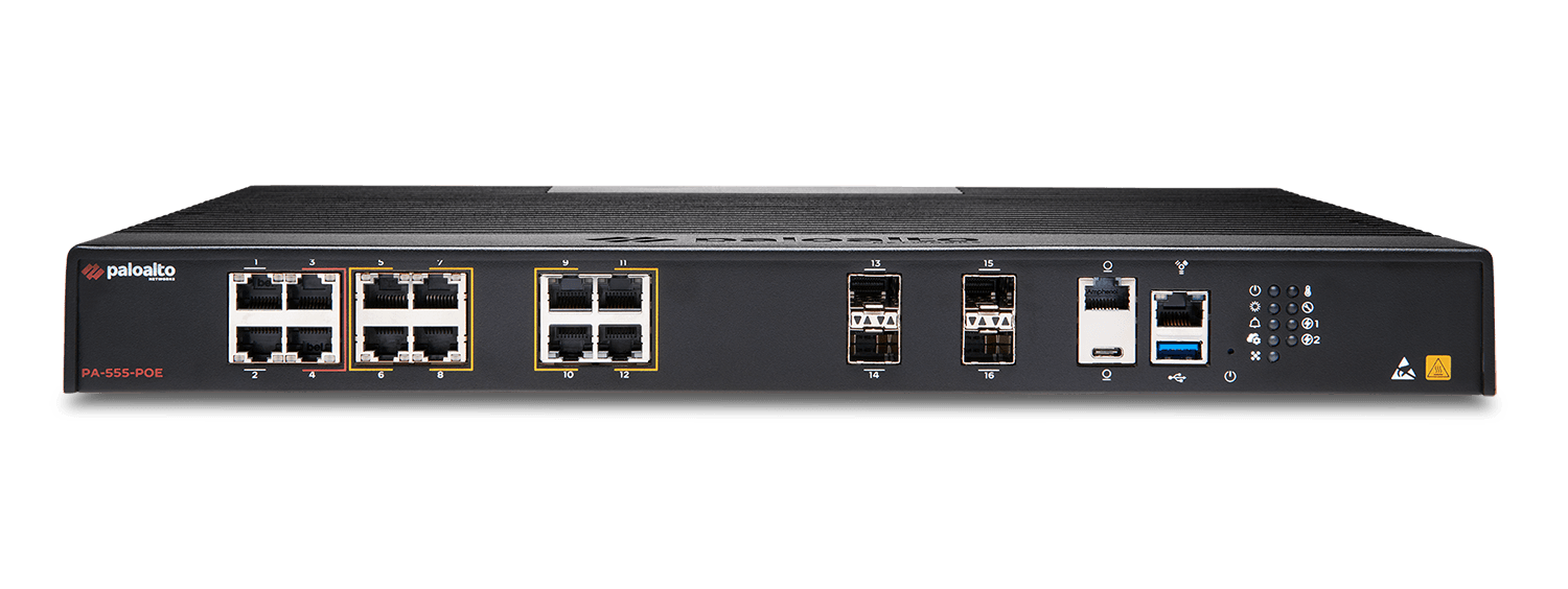 Firewall Palo Alto Networks PA-555-POE, vista frontal com o equipamento completo