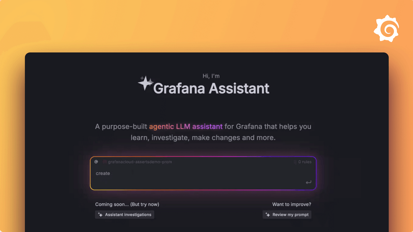 Interface oficial do Grafana Assistant para investigação assistida por IA