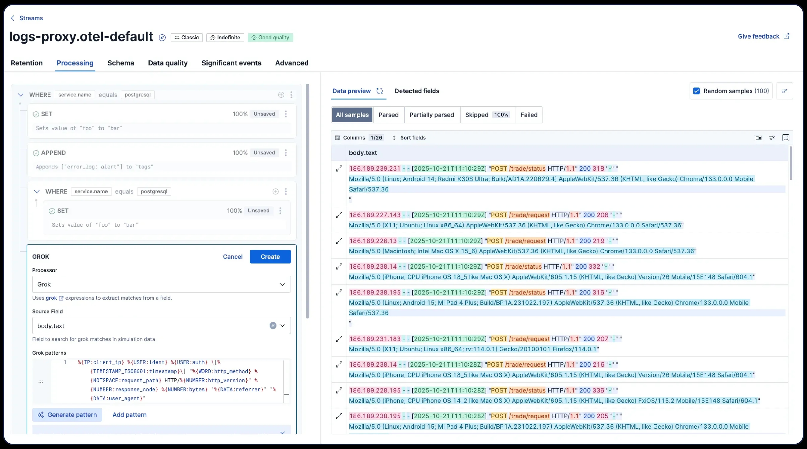 Interface oficial Elastic Streams para processamento de logs