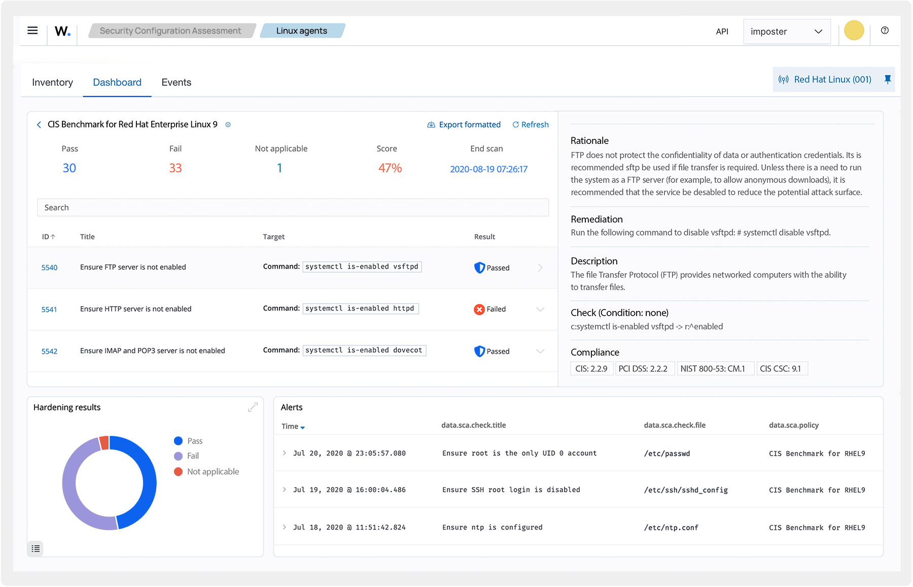 Tela oficial de demonstração Wazuh para Security Configuration Assessment