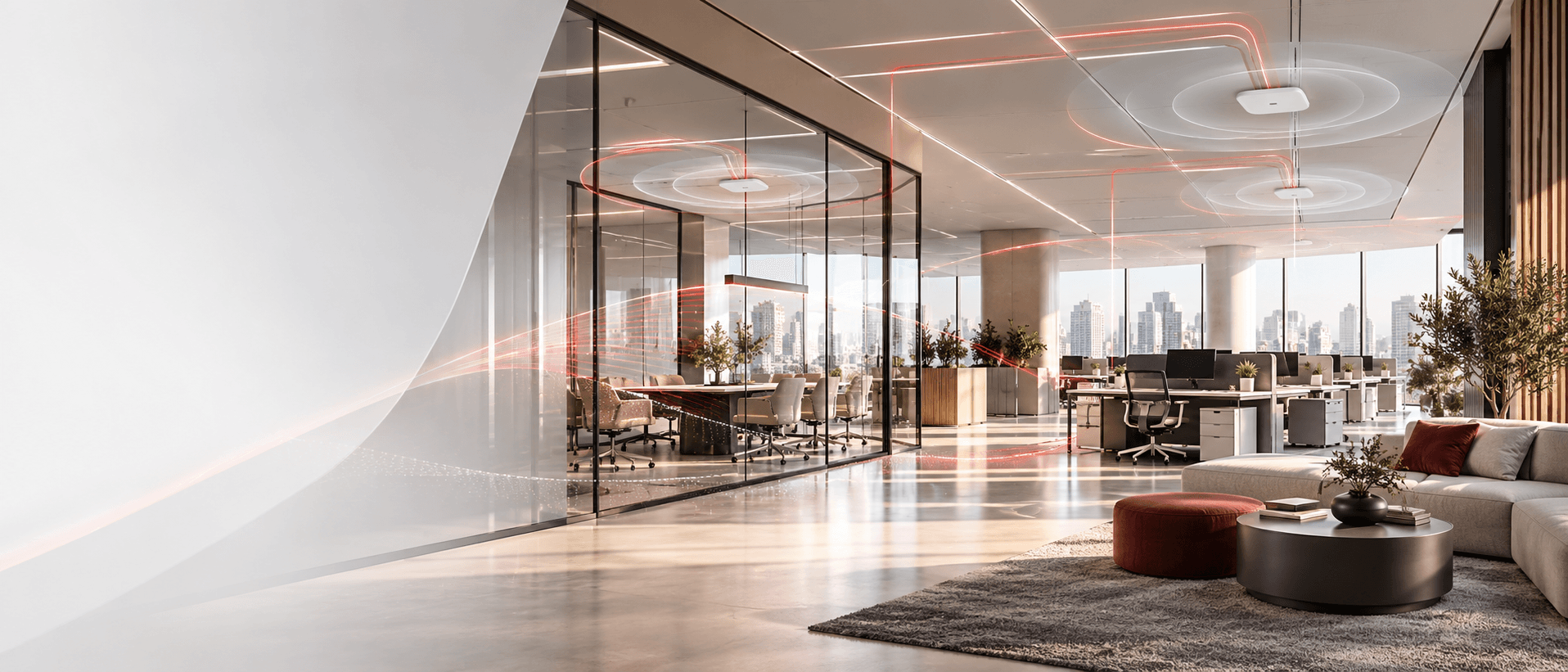 Visual ilustrativo de conectividade Wi-Fi em ambiente administrativo contemporâneo