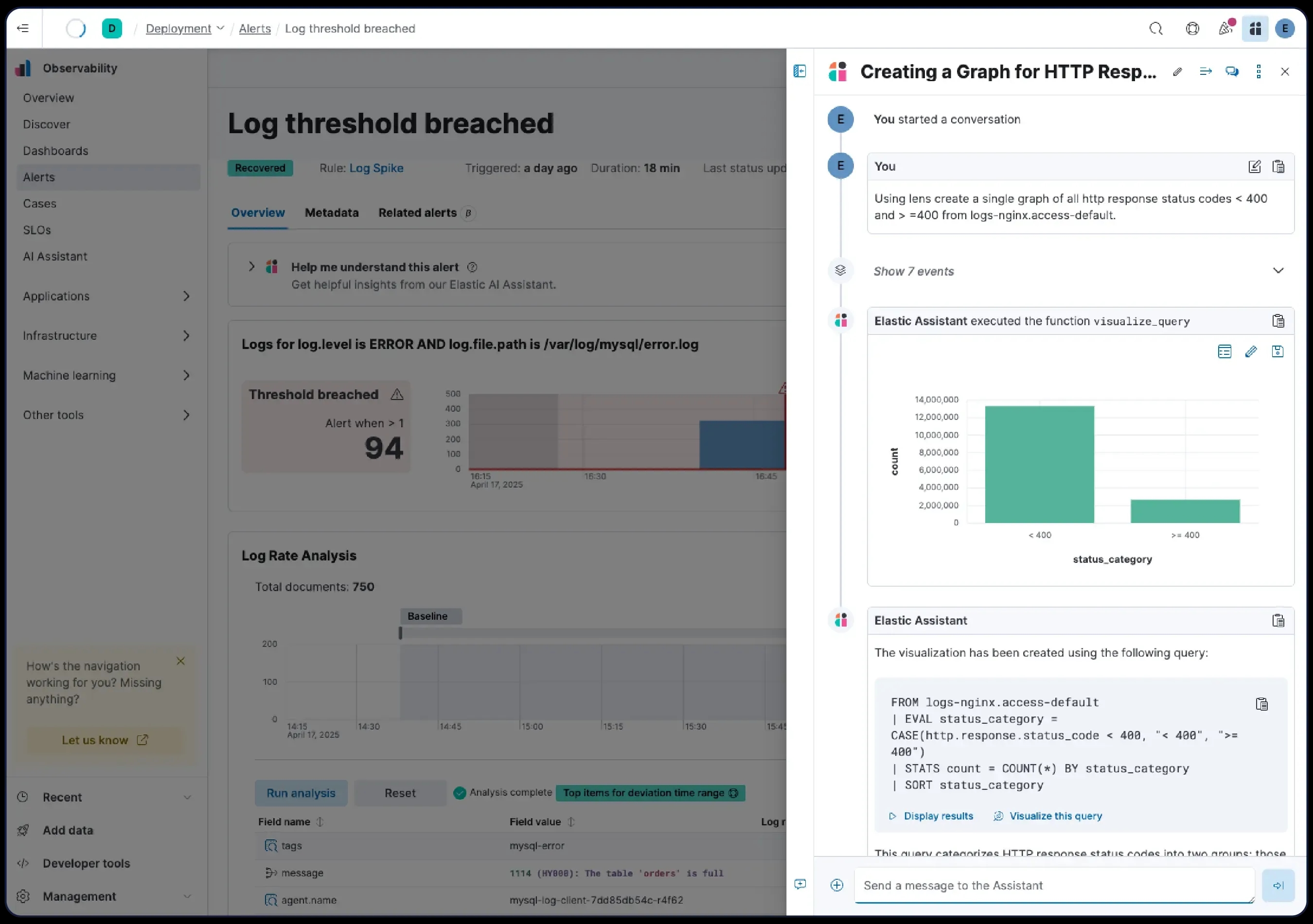 Interface oficial Elastic para investigação assistida por inteligência artificial