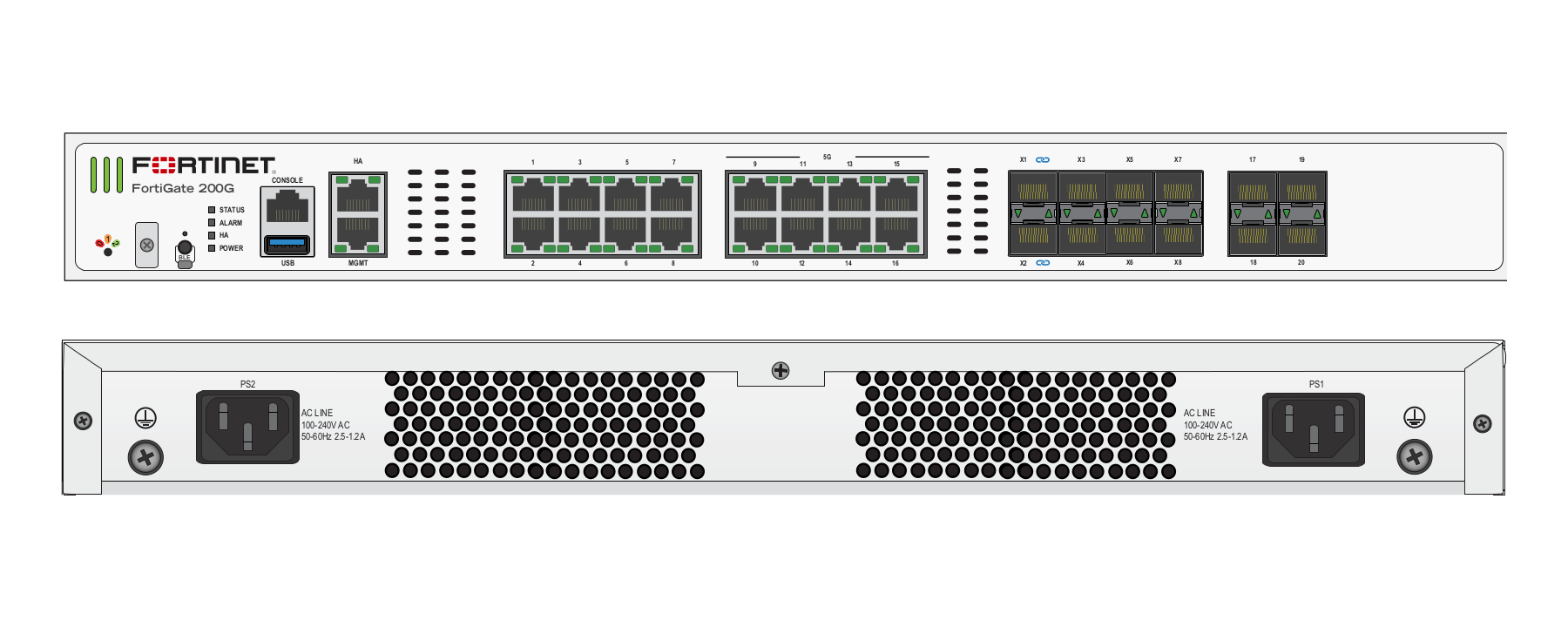FortiGate 200G — vistas técnicas oficiais frontal e traseira
