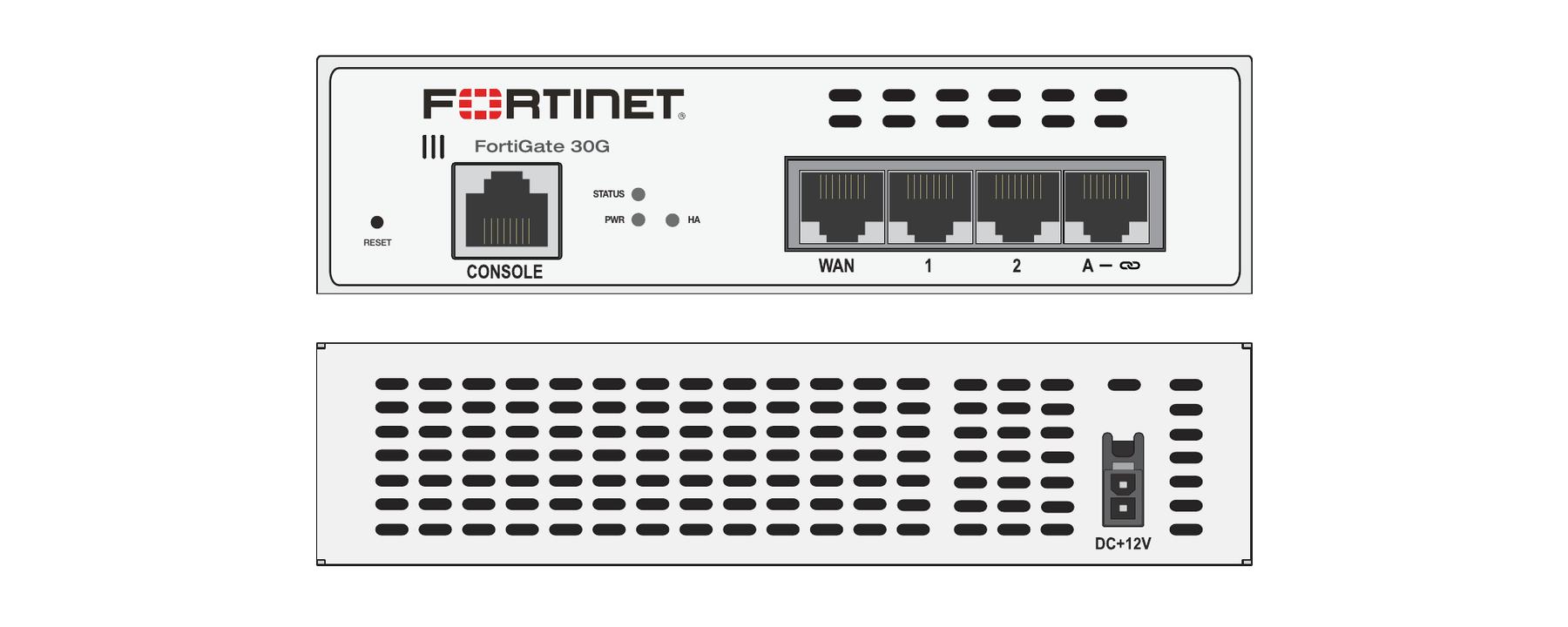FortiGate 30G — vistas técnicas oficiais frontal e traseira